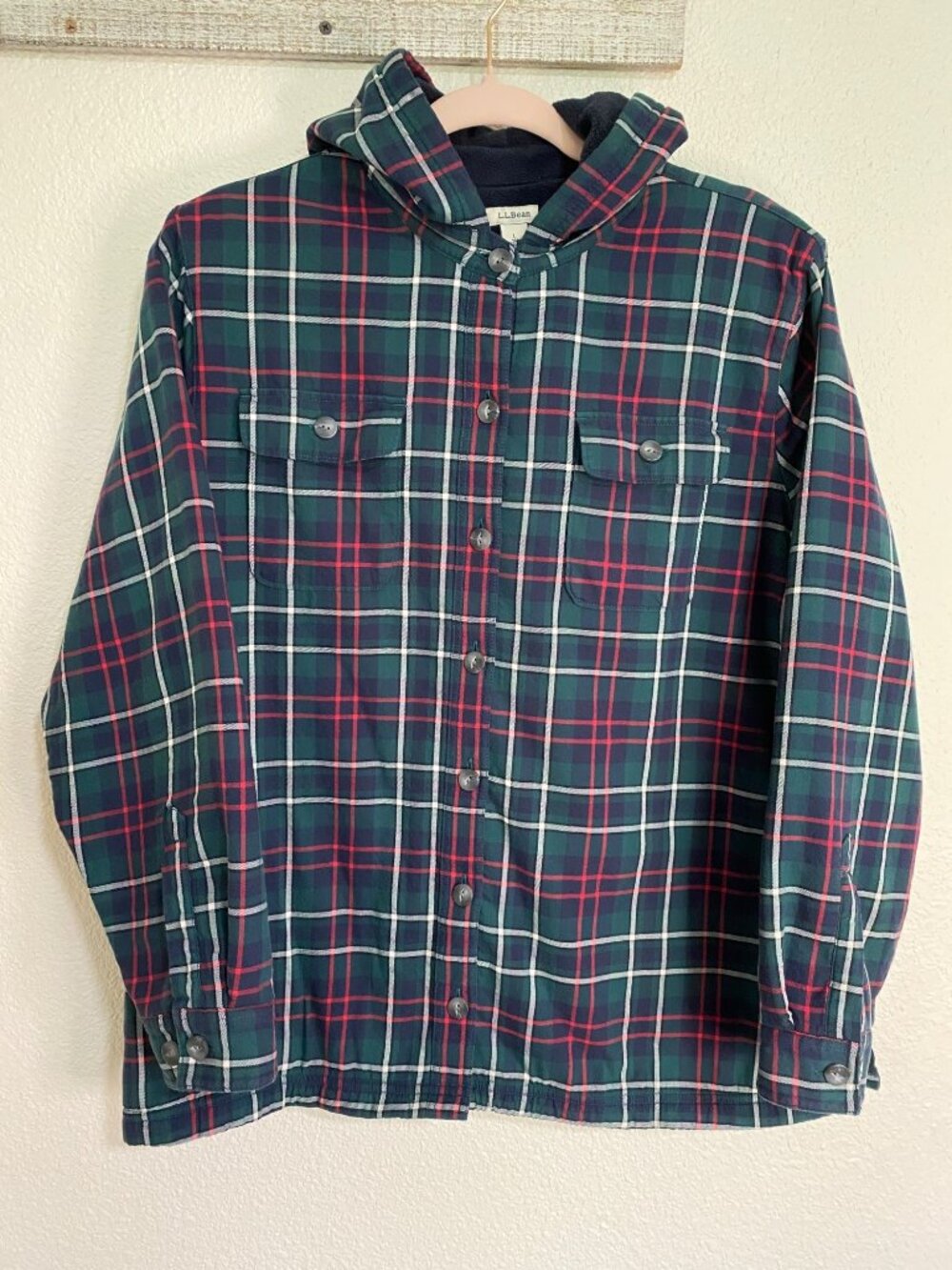 L.L Bean Women's Fleece-Lined Flannel Hoodie Plaid Petite Large Western Cottage